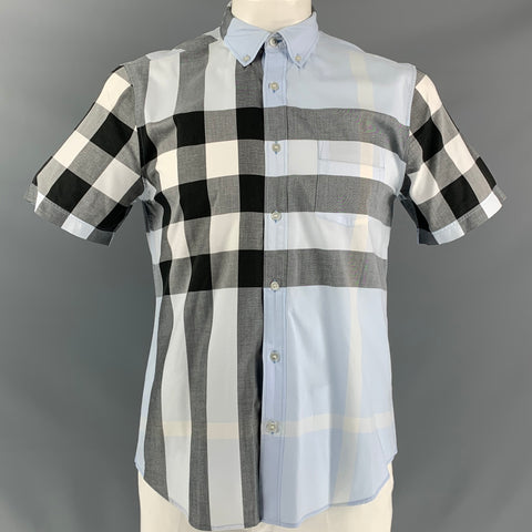 BURBERRY BRIT Size L Blue & Gray Plaid Cotton Button Down Short Sleeve Shirt