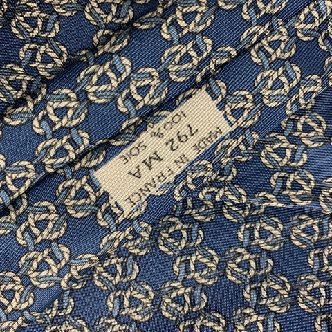 HERMES 792 MA  Blue & Cream Knot Print Silk Tie