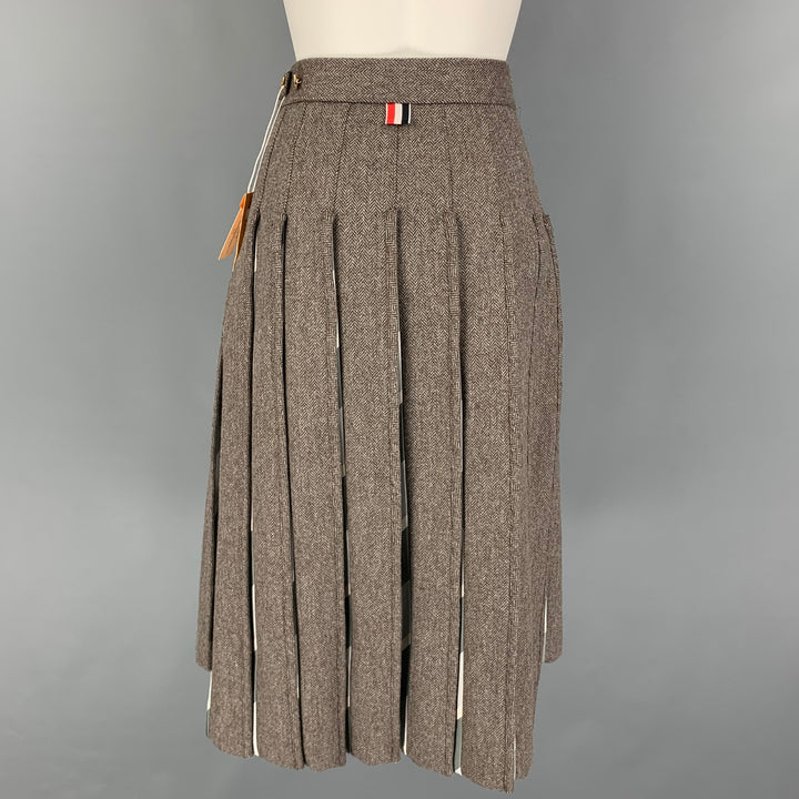 THOM BROWNE Size 2 Brown Grey Lambswool Herringbone Pleated Below Knee Skirt