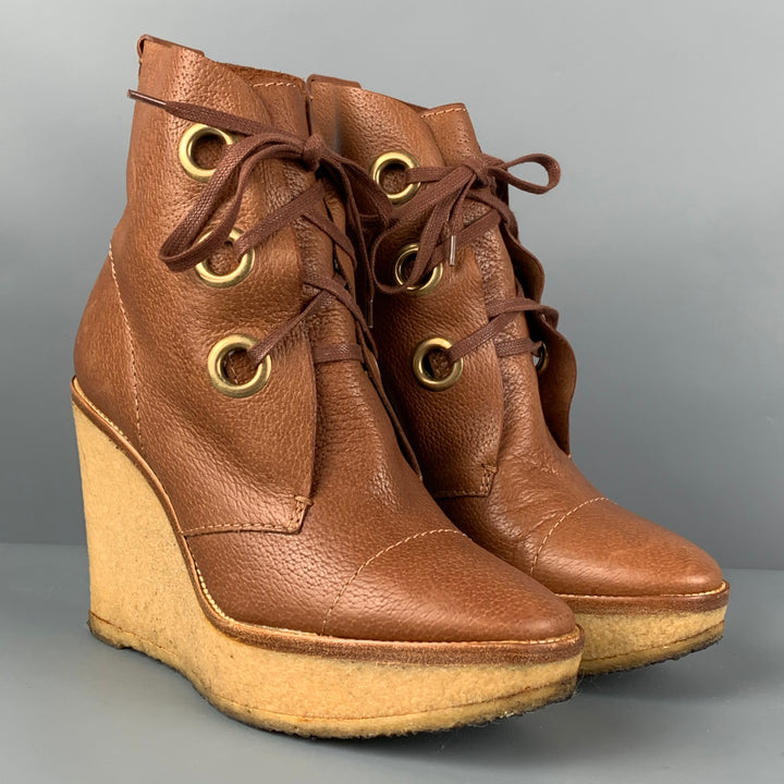 YVES SAINT LAURENT Size 7 Cognac Beige Leather Wedge Boots