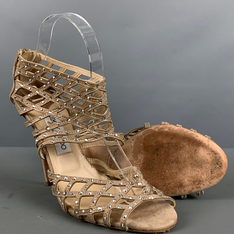 JIMMY CHOO Talla 10 Sandalias tobilleras con pedrería de ante dorado beige