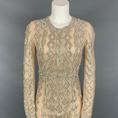 BLUMARINE Size M Nude Art deco Beaded Long Sleeve Cocktail Dress