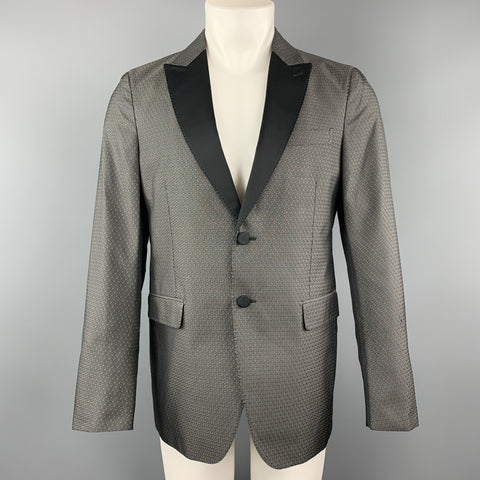 VALENTINO Size 40 Grey & Black Jacquard Polyester / Silk Peak Lapel Sport Coat