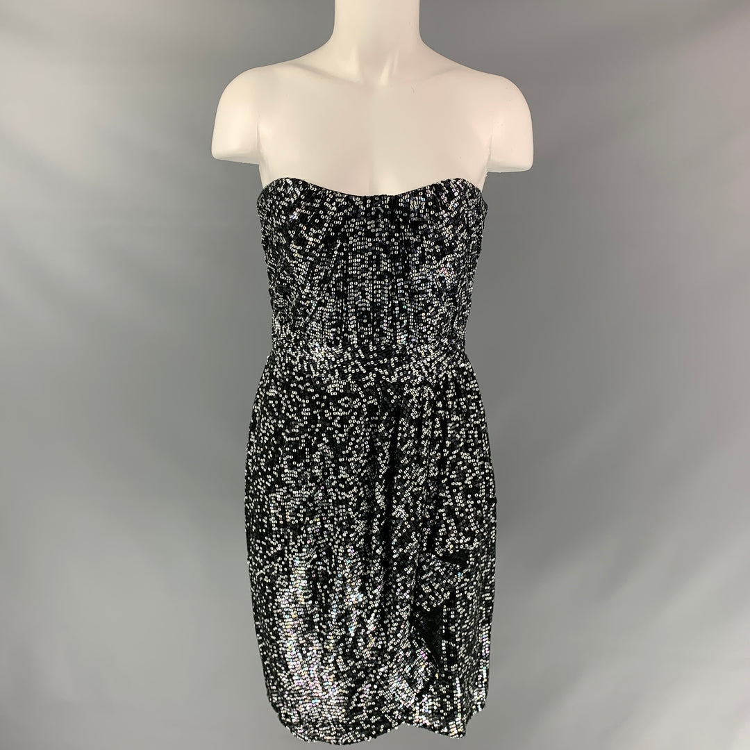 BADGLEY MISCHKA Size 4 Black & White Silk Sequined Wrap Dress