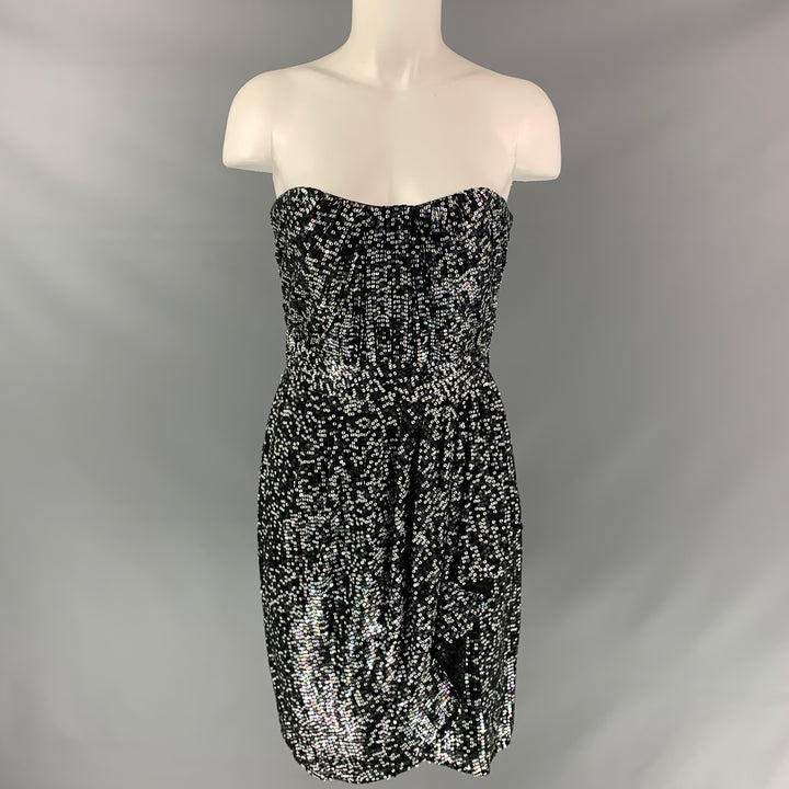 BADGLEY MISCHKA Size 4 Black & White Silk Sequined Wrap Dress