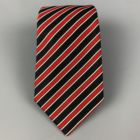 HARVIE & HUDSON Black Red White Diagonal Stripe Silk Twill Tie