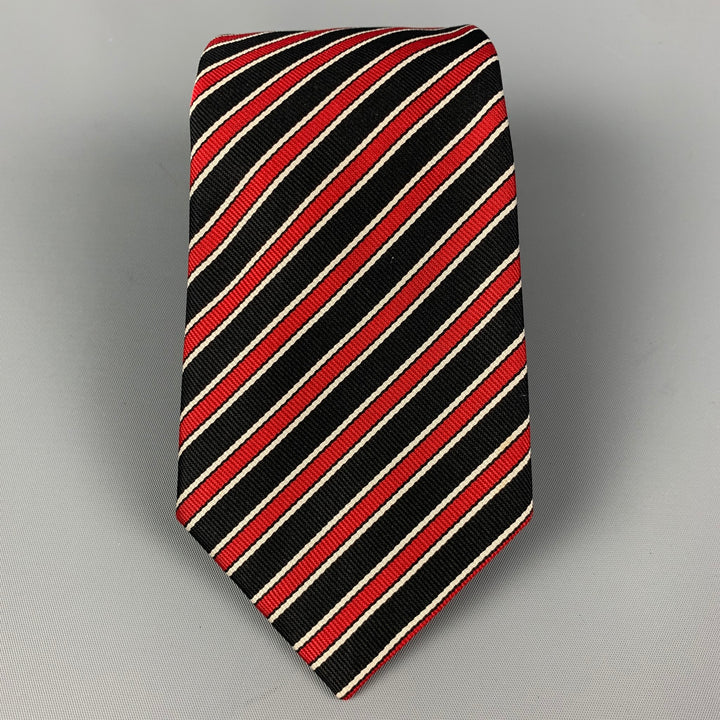 Corbata de sarga de seda con rayas diagonales en negro, rojo y blanco de HARVIE &amp; HUDSON