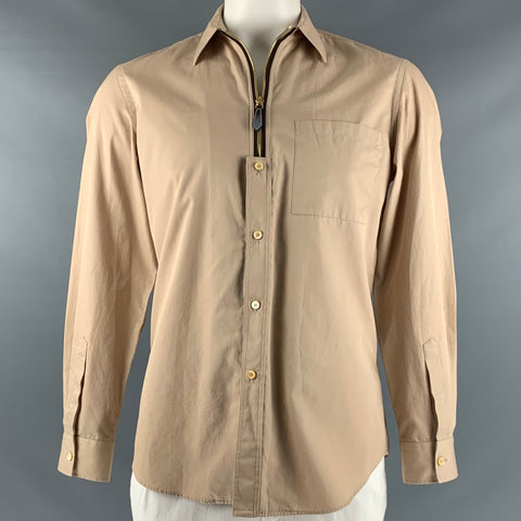 BURBERRY Taille S Chemise à manches longues en coton beige avec demi-fermeture éclair
