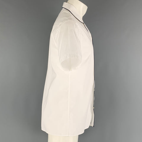 OFFICINE GENERALE Size M White Navy Solid Cotton Camp Short Sleeve Shirt