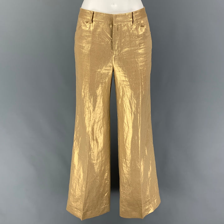 RALPH LAUREN Size 2 Gold Linen Metallic Notch Lapel Pants Suit