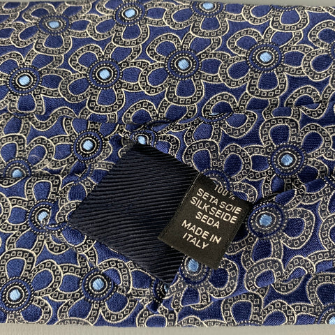 ERMENEGILDO ZEGNA Navy Cream Abstrack Floral Silk Tie