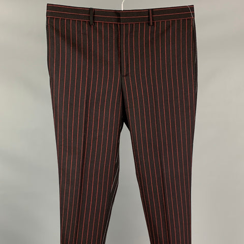 GIVENCHY Talla 32 Pantalón de vestir con bragueta y cremallera de lana con rayas verticales negras y rojas