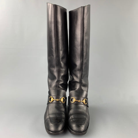 GUCCI Taille 10 Bottes d’équitation à mors en cuir noir
