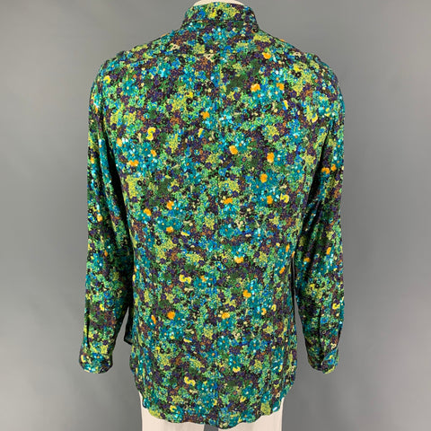 DRIES VAN NOTEN SS 20 Size XL Green Blue Sequined Viscose Button Up Long Sleeve Shirt