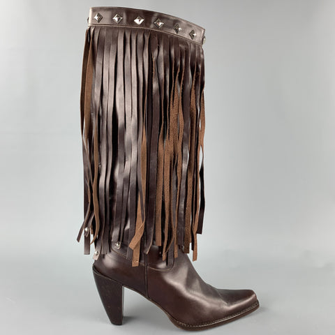 DONALD J PLINER Talla 10 Botas de punta puntiaguda con flecos y tachuelas de cuero marrón