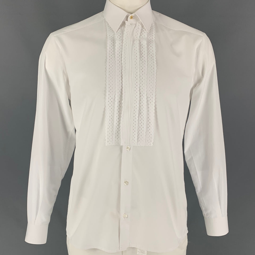 ANDRES PALMA Size L White Eyelet Cotton Tuxedo Long Sleeve Shirt