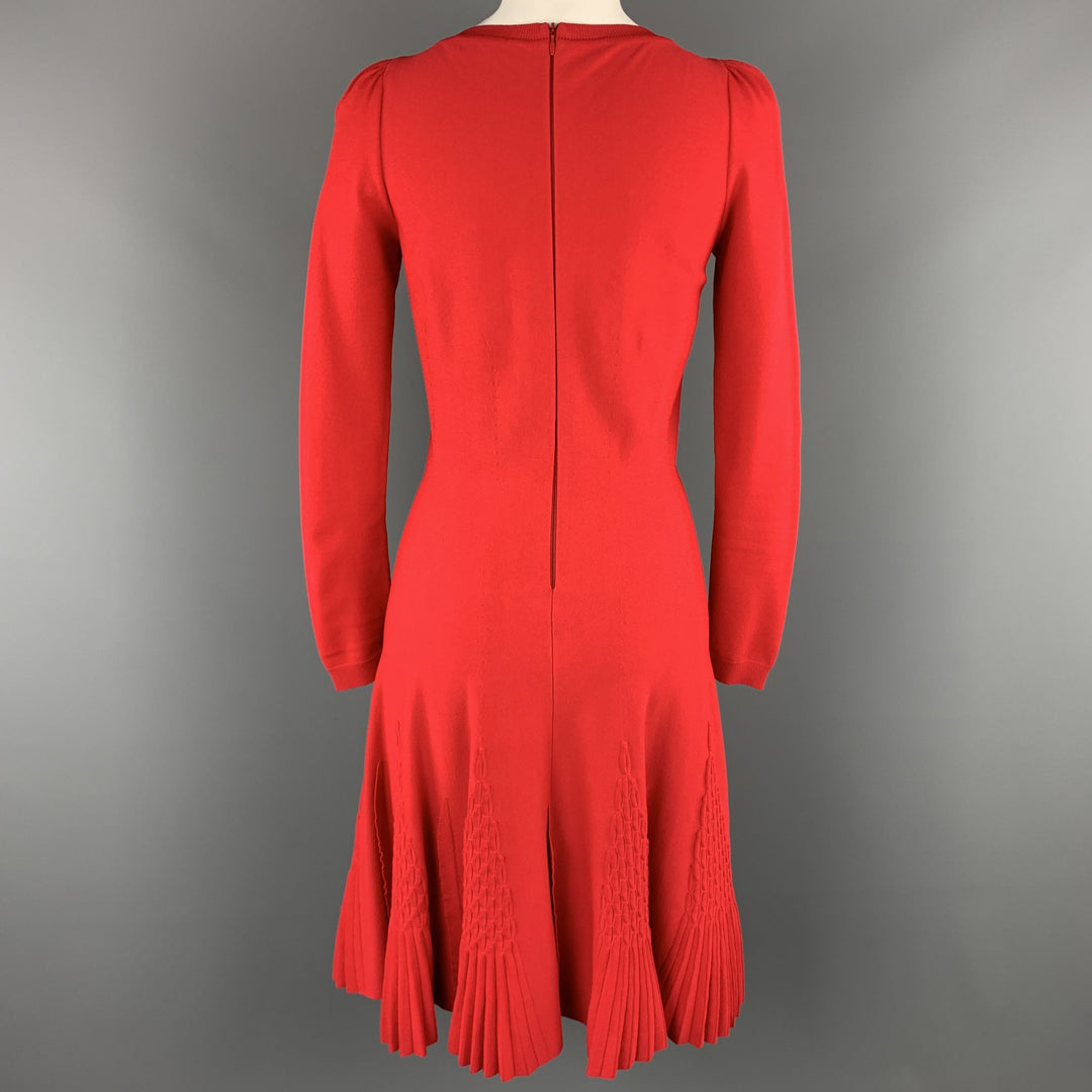 VALENTINO Size S Red Knit long Sleeve Pleat Flare Skirt Dress