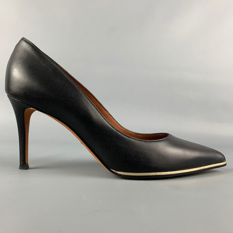 GIVENCHY Talla 7.5 Zapatos de tacón clásicos de cuero negro y plateado