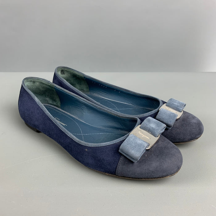 SALVATORE FERRAGAMO Size 7 Navy Suede Ballet Flats