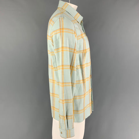 JOHN ELLIOTT Size L Powder Blue Yellow Brown Plaid Cotton Long Sleeve Shirt