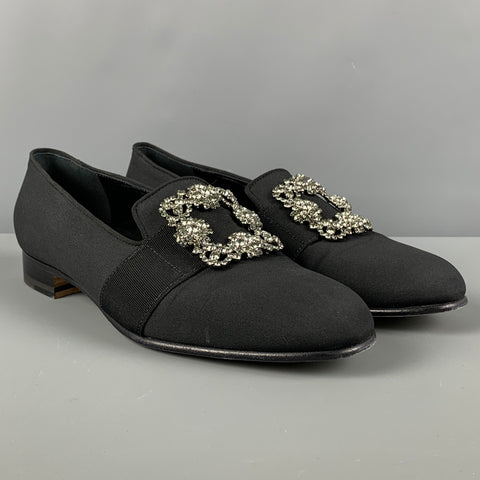 MANOLO BLAHNIK Size 9 Black Applique Silk Slip On Loafers