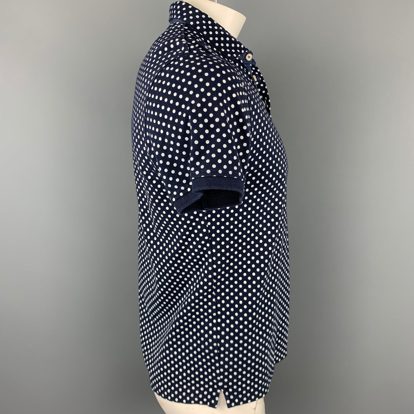 BELMONTE TREND Size L Navy & White Dots Pique Buttoned Polo