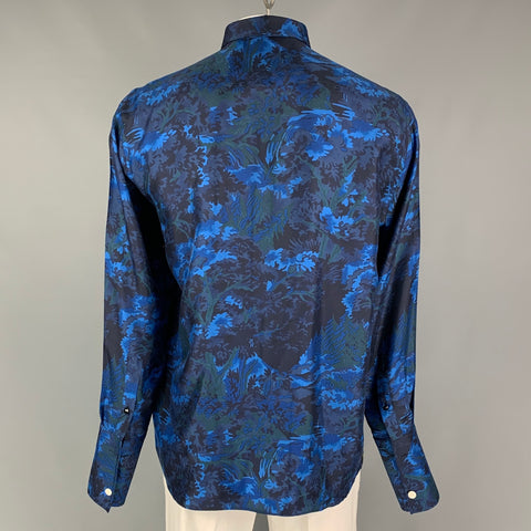 BILLIONAIRE ITALIAN COUTURE Size L Black Blue Print Silk Long Sleeve Shirt