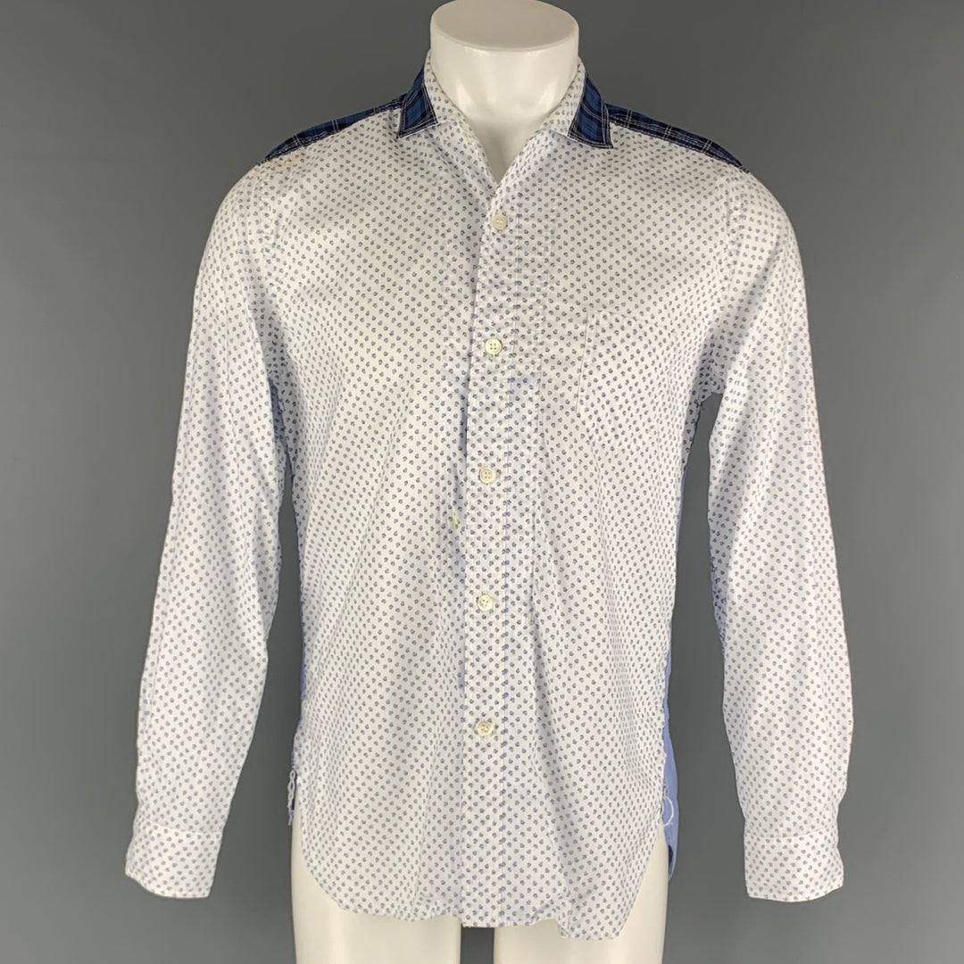JUNYA WATANABE Size M White Blue Print Cotton Open Collar Long Sleeve Shirt