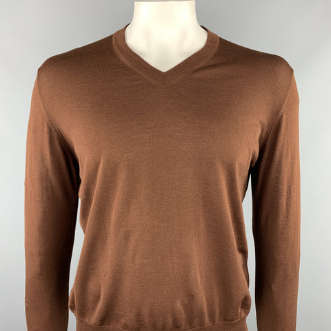 HERMES Size XL Brown Knitted Merino Wool V-Neck Pullover