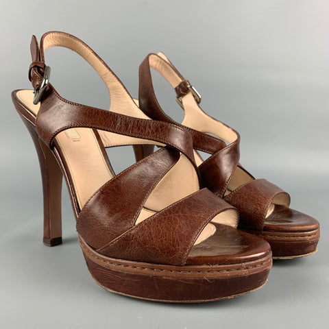 PRADA Sandalias con plataforma de cuero marrón talla 8