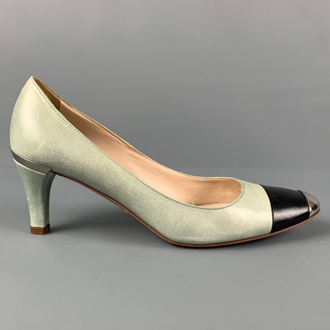 PRADA Size 7 Mint Black Silver Leather Color Block Cap Toe Pumps