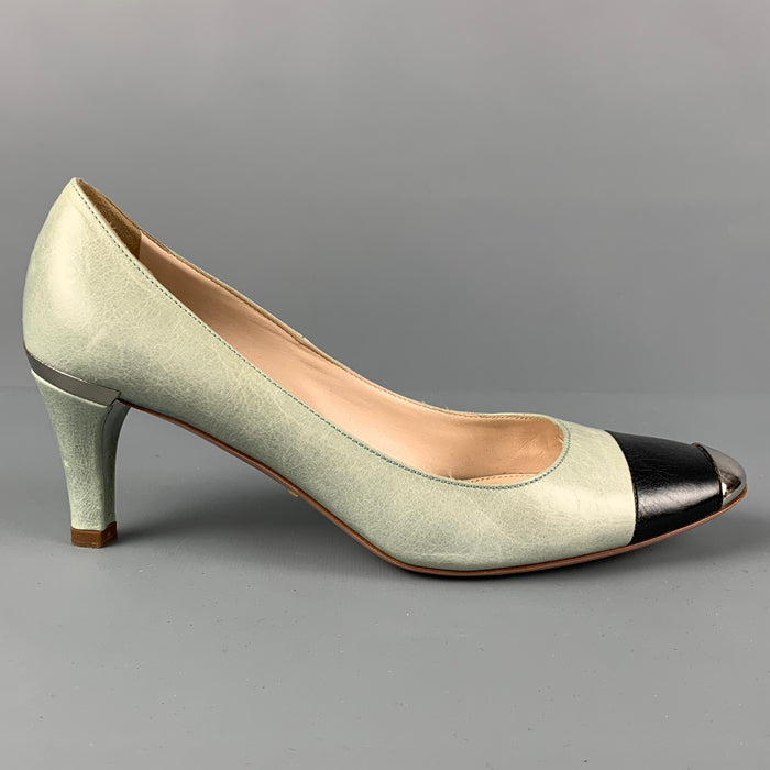PRADA Size 7 Mint Black Silver Leather Color Block Cap Toe Pumps