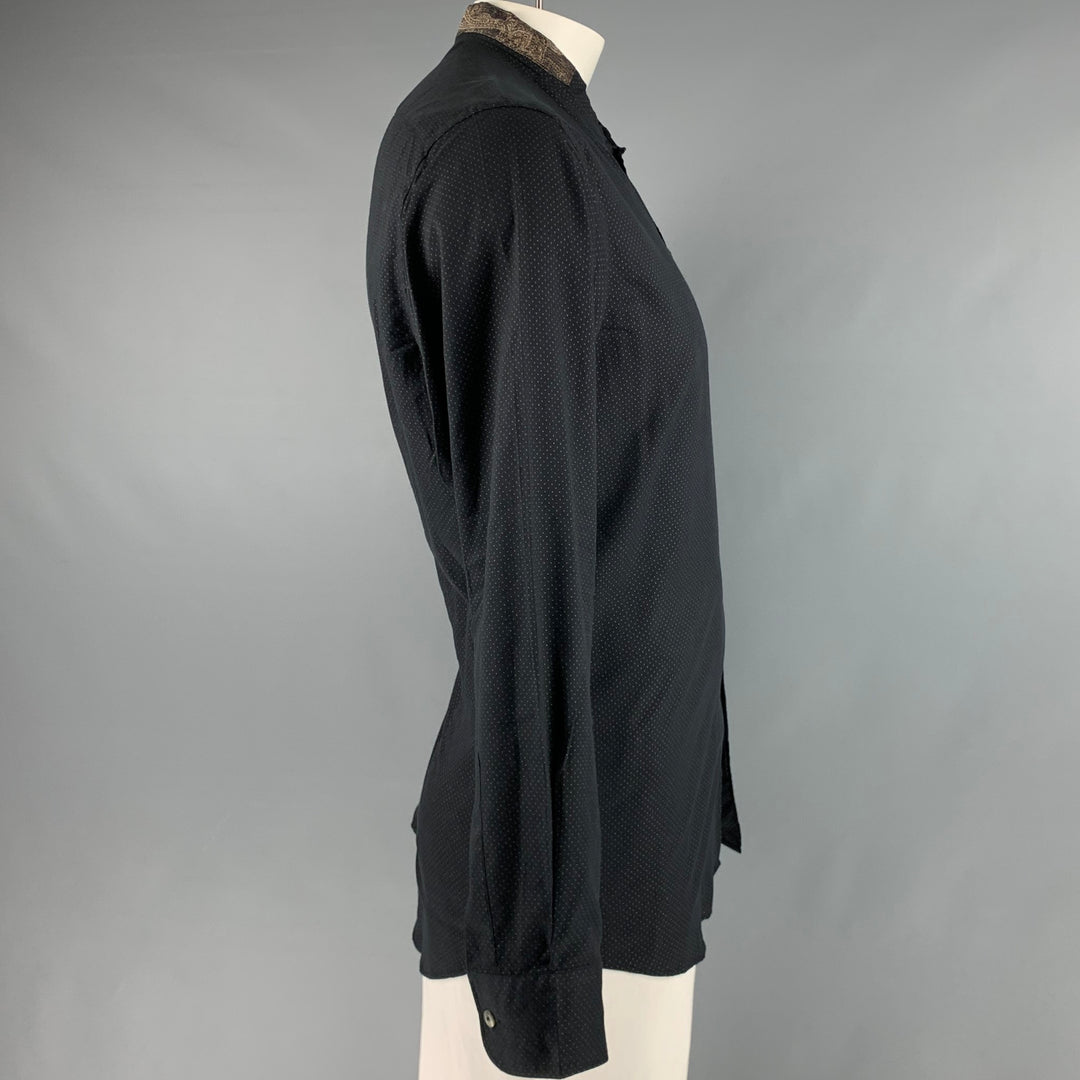 ETRO Size L Black Brown Dots Wool Collarless Long Sleeve Shirt