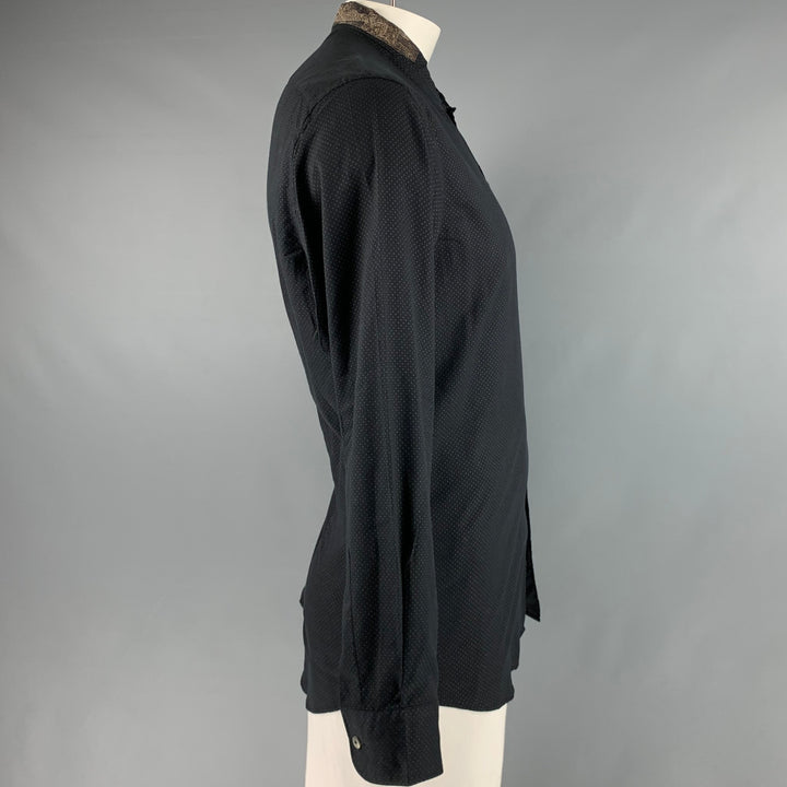 ETRO Size L Black Brown Dots Wool Collarless Long Sleeve Shirt