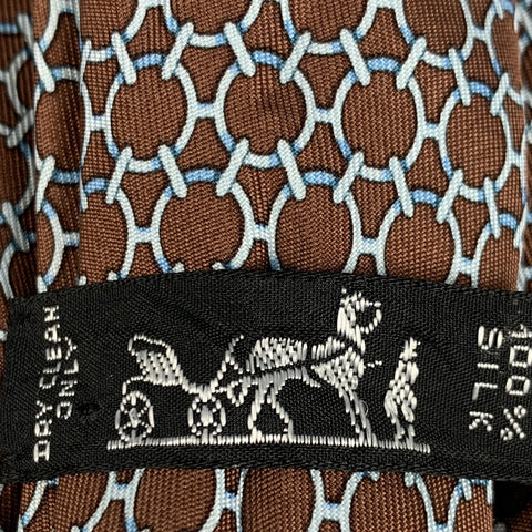 HERMES Brown White Silk Tie