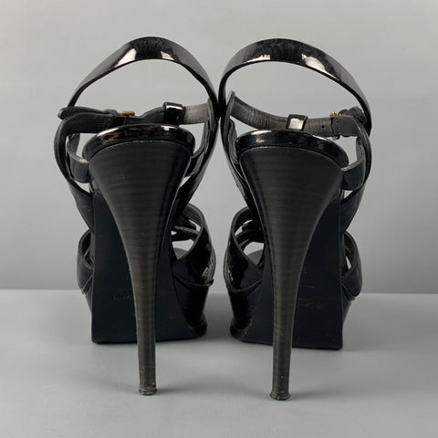 YVES SAINT LAURENT Size 8 Black Patent Leather Platform Sandals