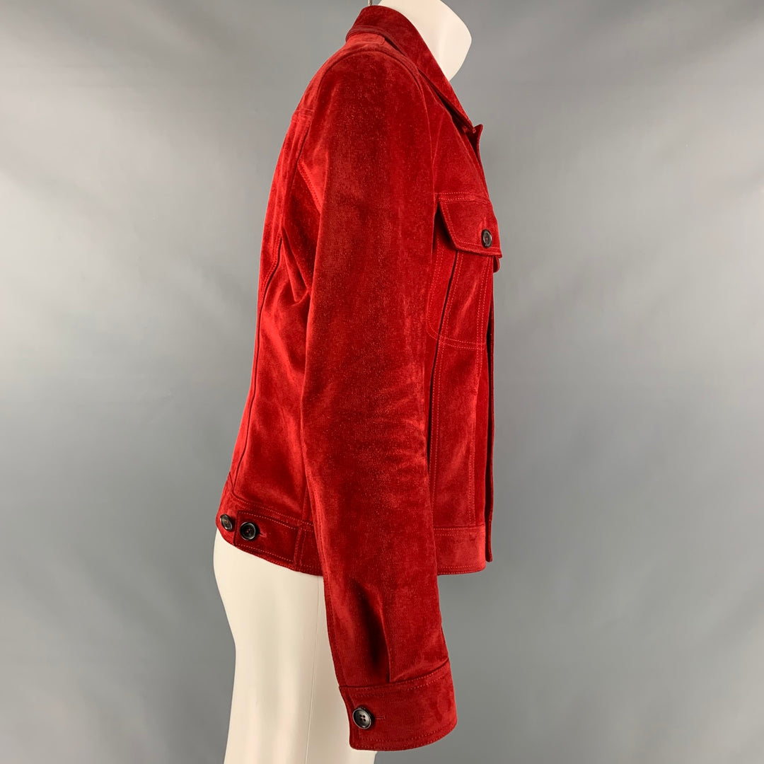 GUCCI Size 42 Red Suede Trucker Jacket