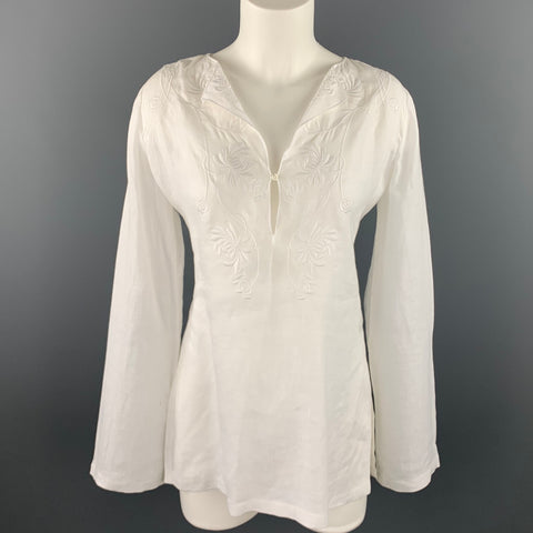 RALPH LAUREN Black Label Size 8 White Embroidered Linen Tunic Blouse