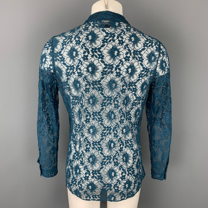 GUCCI S/S 16 Size M Teal Lace Polyamide Blend Button Up Long Sleeve Shirt