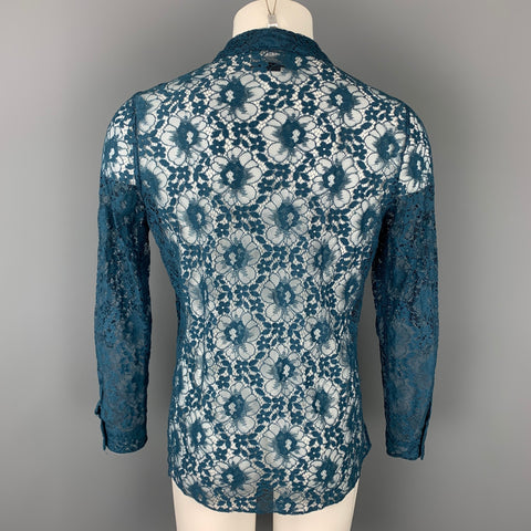 GUCCI S/S 16 Size M Teal Lace Polyamide Blend Button Up Long Sleeve Shirt
