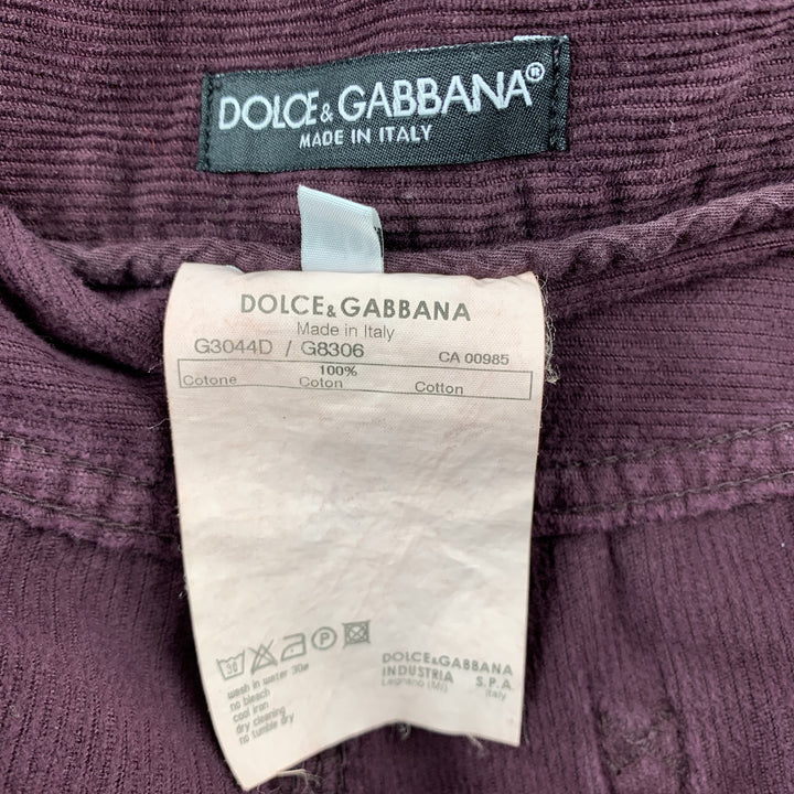 DOLCE &amp; GABBANA Taille 34 Pantalon décontracté en velours côtelé texturé violet aubergine avec braguette zippée