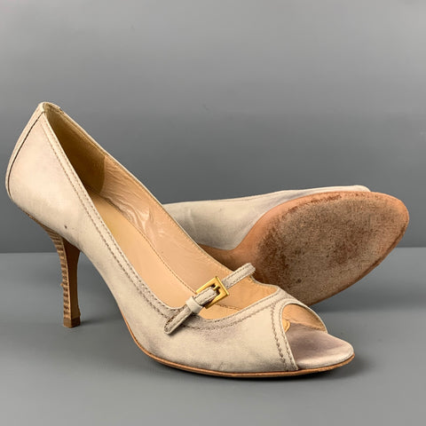 Zapatos de tacón peep toe jaspeados de cuero beige talla 7 de PRADA