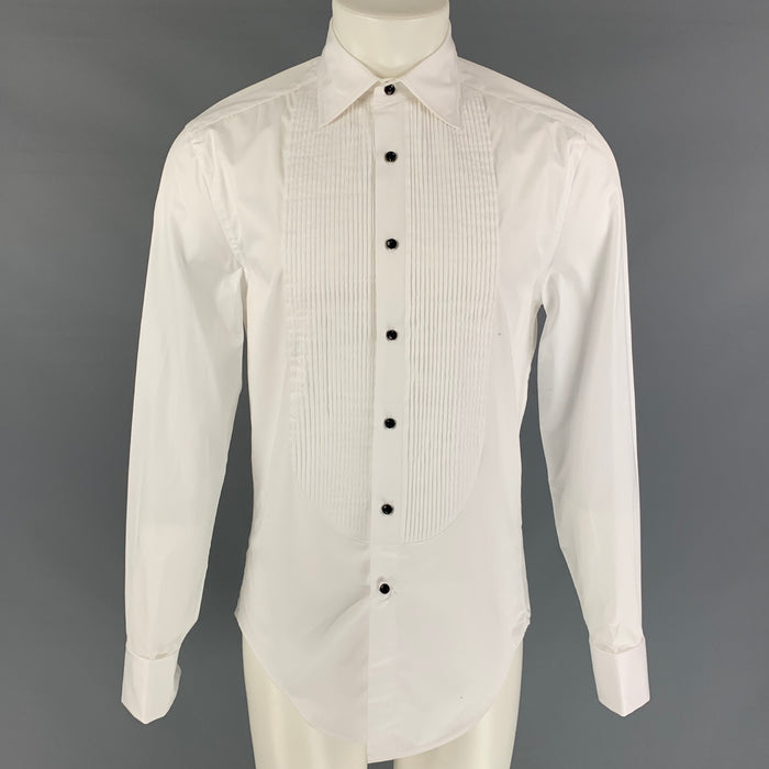 BRUNELLO CUCINELLI Size M White Pleated Cotton Tuxedo Slim Fit Long Sleeve Shirt