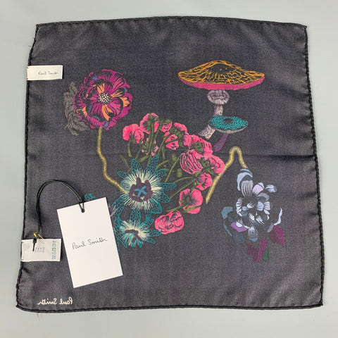 PAUL SMITH Black Multi-Color Floral Silk Pocket Square