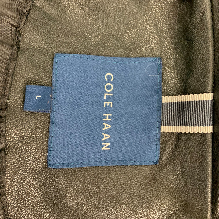 COLE HAAN Size L Black Leather Zip Up Jacket