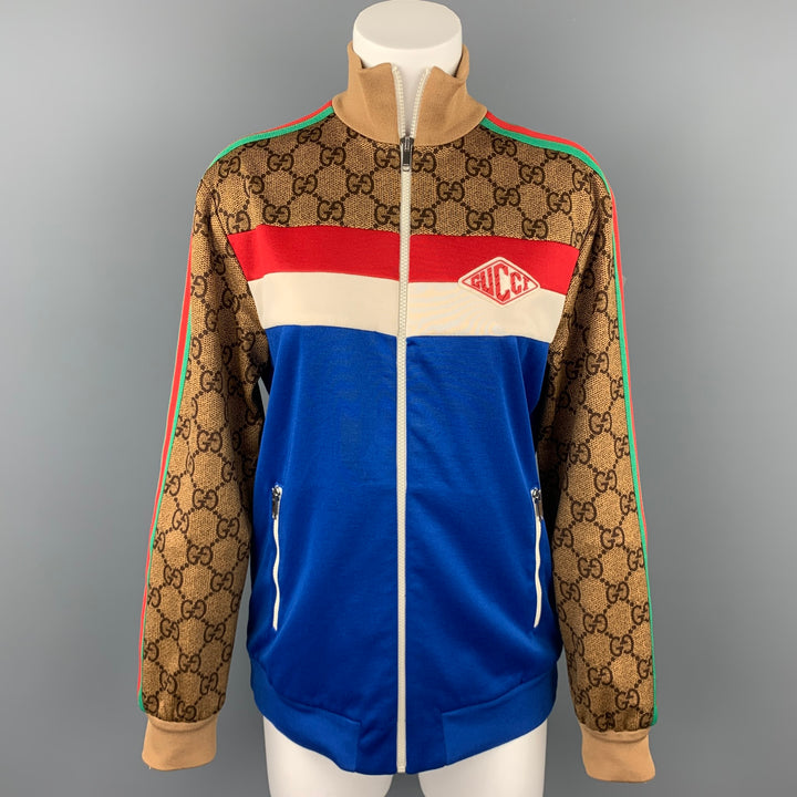 GUCCI Pre-Fall 2018 Talla S Chaqueta de punto técnico GG azul y multicolor de poliéster / algodón con cremallera