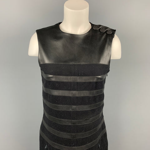 GAULTIER2 par Jean Paul Gaultier Taille 8 Robe droite en laine mélangée noire avec bordure en cuir