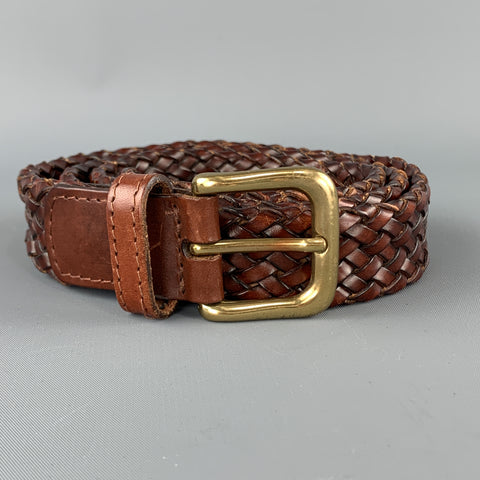 VINTAGE Taille 36 Ceinture à boucle en laiton tressé en cuir brun doré