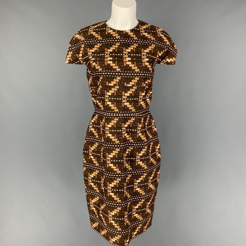 CAROLINA HERRERA Taille 10 Robe fourreau géométrique en coton beige marron