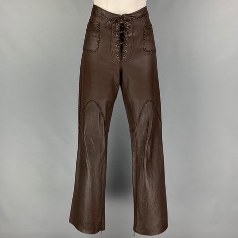 BARNEY'S NEW YORK Pantalones casuales de cuero con puntadas en contraste marrón Talla M